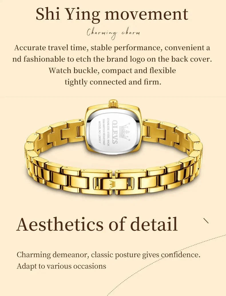 TrendLux Wear OLEVS women's luxury square watch with a sleek black strap and elegant silver dial, stylish and sophisticated accessory.