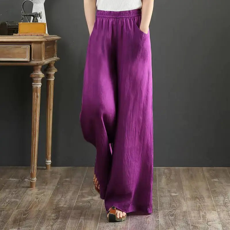 TrendLux Women's Linen Cotton Casual Trousers – Elastic Waist Wide Leg Pants