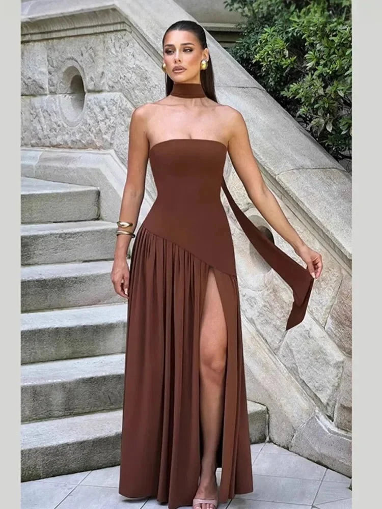 Women's Strapless Backless Maxi Dress with Ribbon Scarf - TrendLux Wear