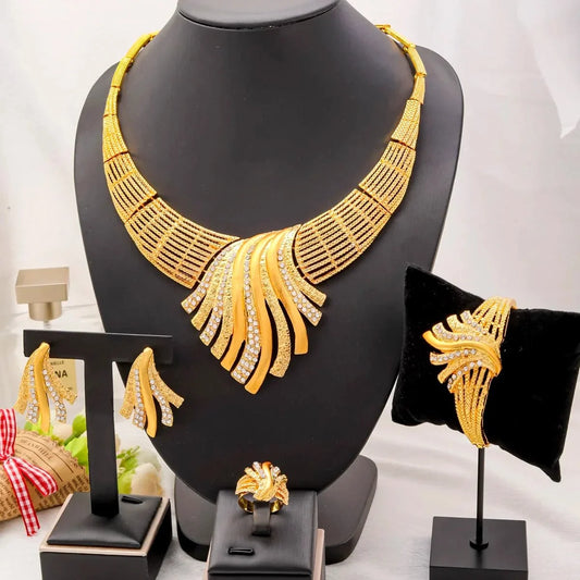 Dubai 24K gold luxury jewelry set by TrendLux Wear, featuring elegant statement pieces with intricate gold detailing.