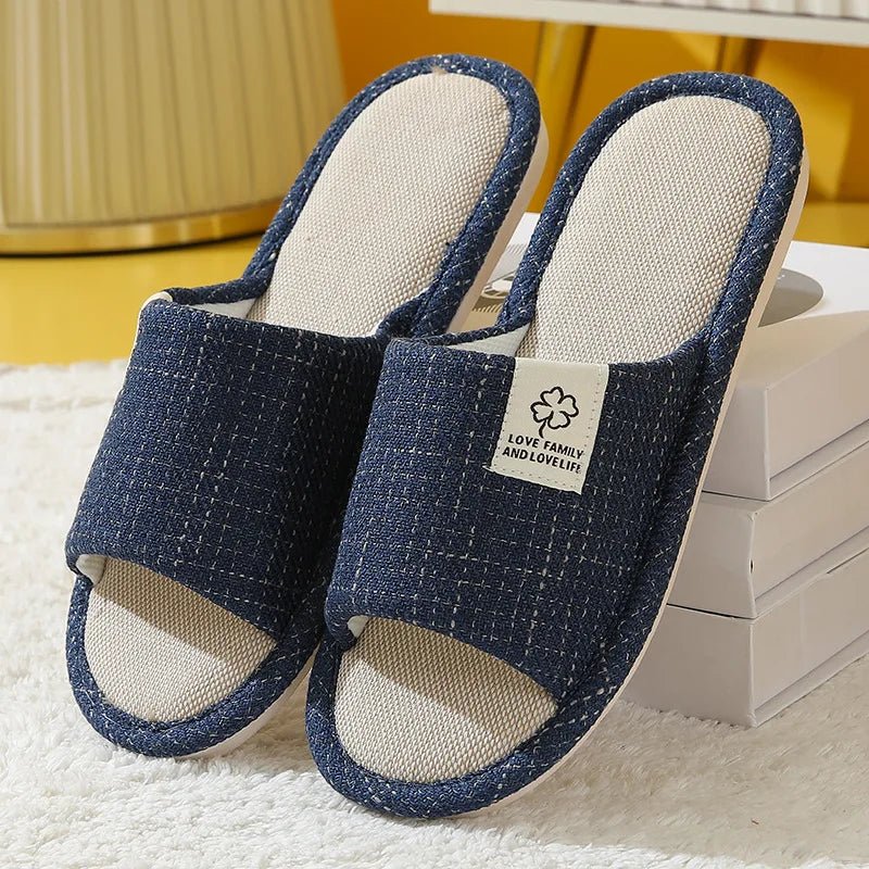 TrendLux Wear men's and women's linen open-toe slippers with breathable design, ideal for spring, summer, and autumn.
