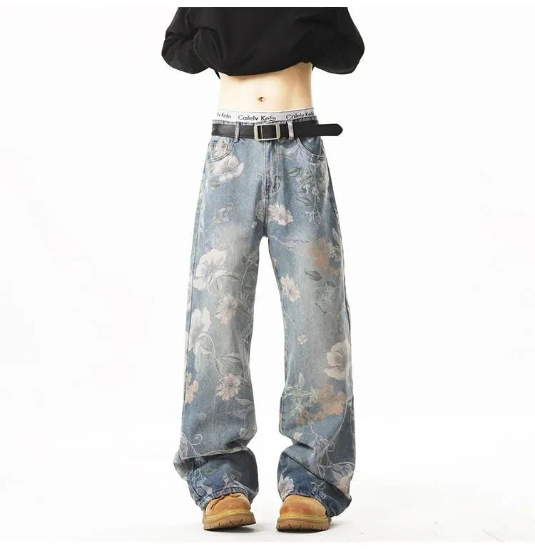 Men's retro floral print jeans by TrendLux Wear featuring loose wide-leg denim, ideal for casual hip-hop style.