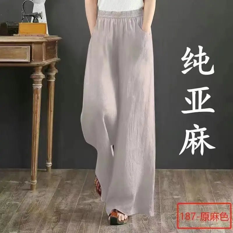 TrendLux Women's Linen Cotton Casual Trousers – Elastic Waist Wide Leg Pants