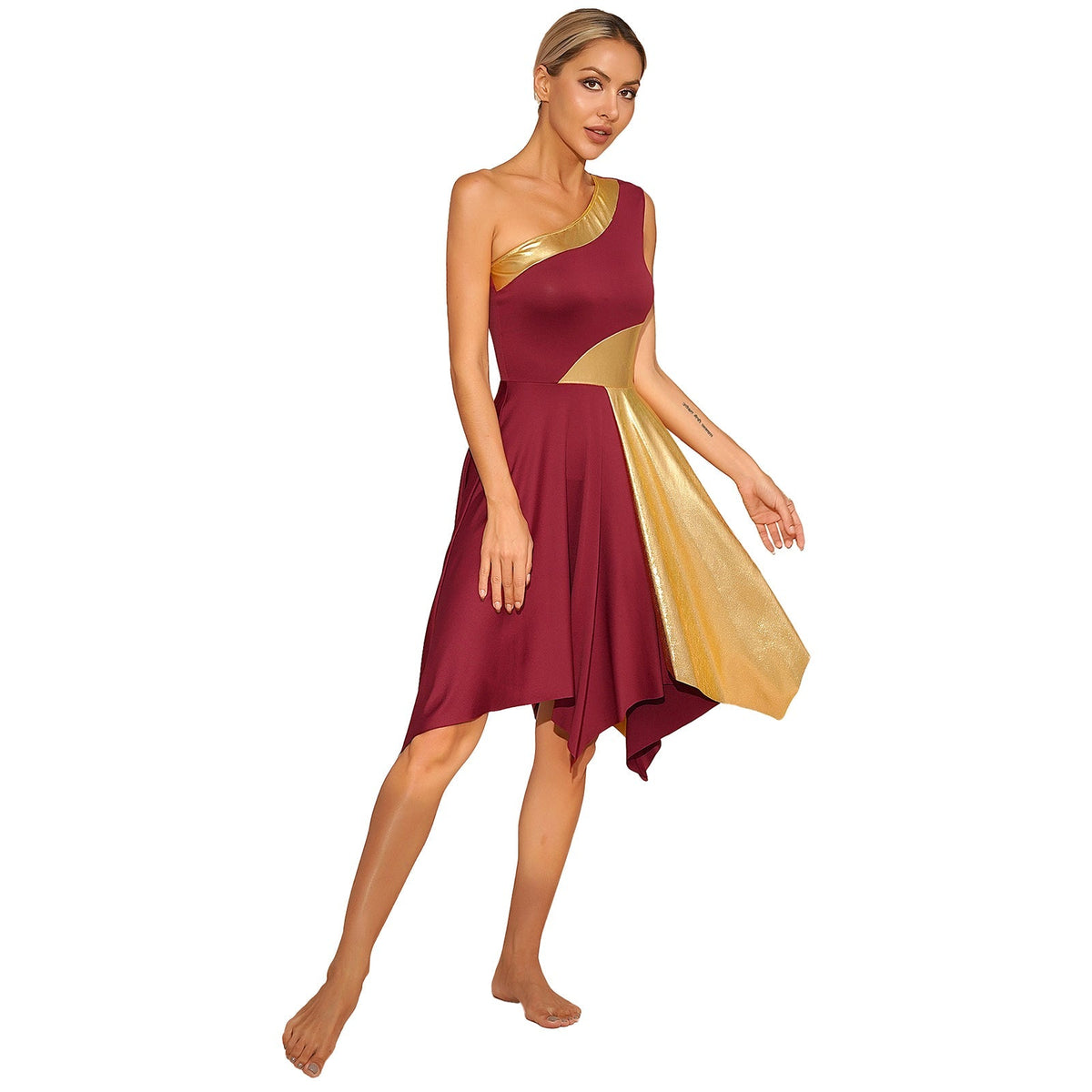 Shimmering one-shoulder metallic dance performance dress by The Glow Sanctuary, designed for stage and worship dance.
