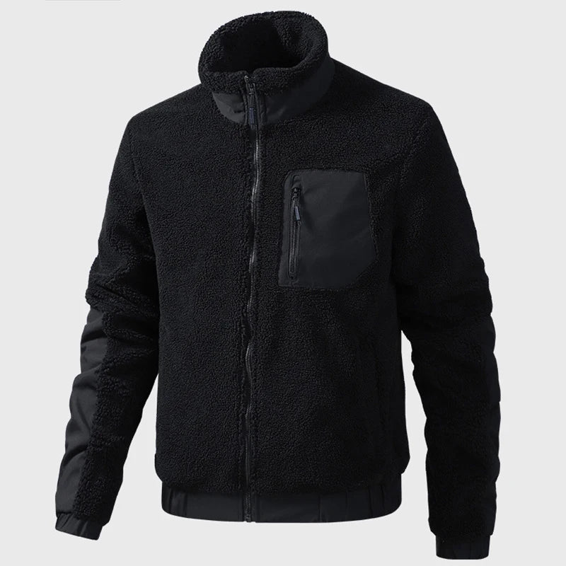 Men's vintage patchwork fleece zip-up jacket with stand collar, TrendLux Wear streetwear coat, casual urban outerwear.