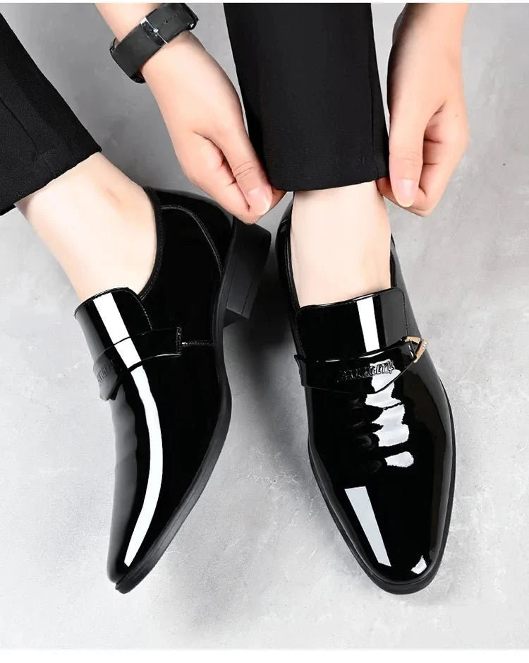Men's black patent leather pointed toe loafers by TrendLux Wear, slip-on dress shoes with a sleek, polished finish for business casual style.