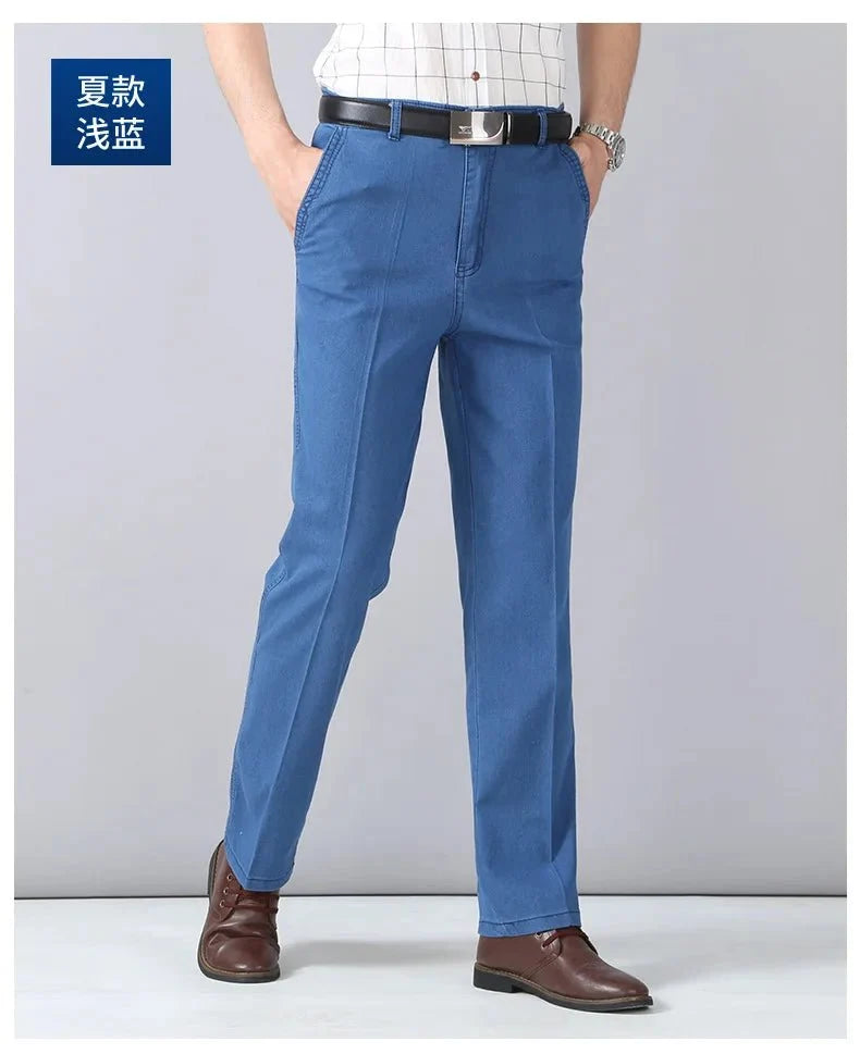 Men's high-waist straight-leg cargo jeans by TrendLux Wear featuring elastic waistband, suitable for spring and summer wear.