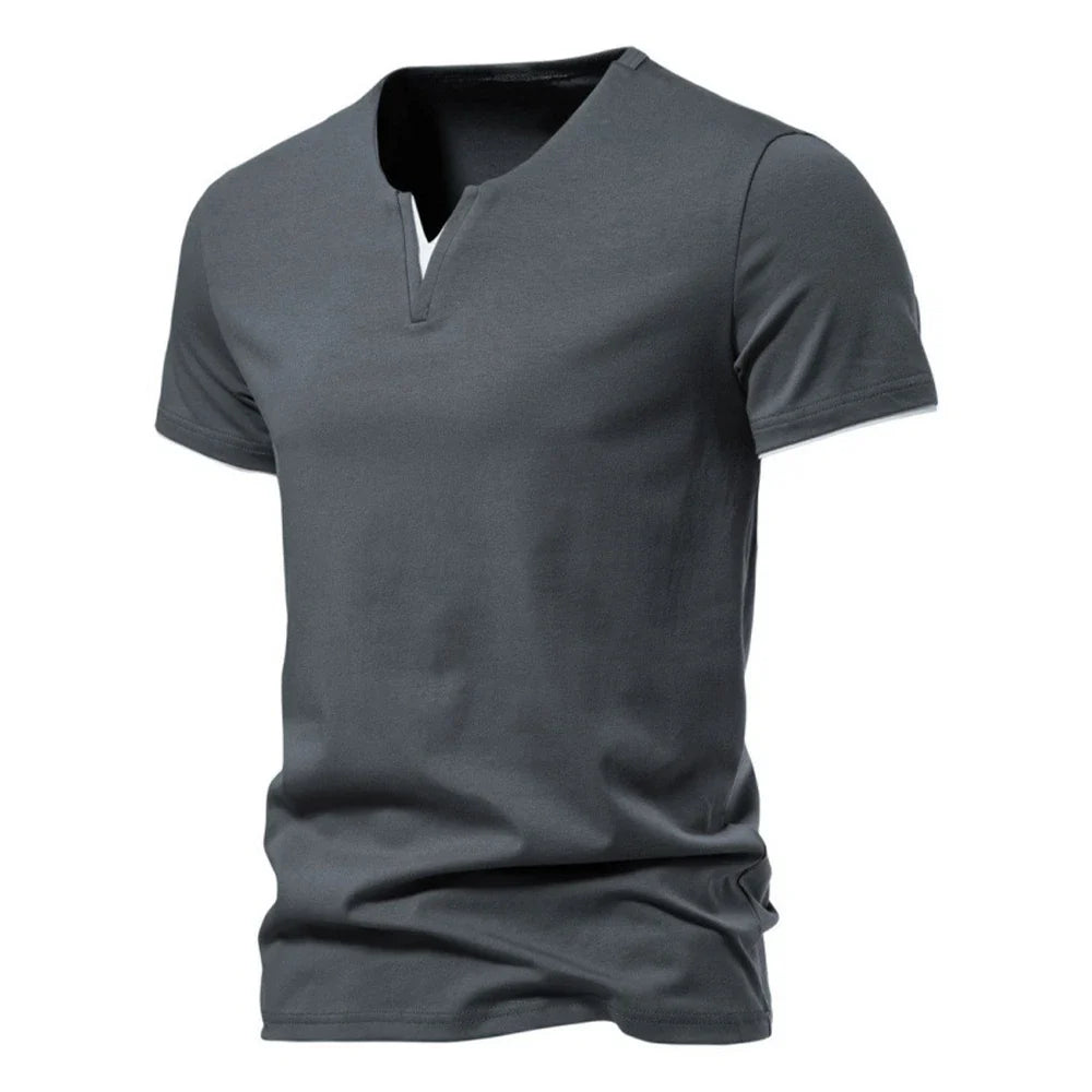 Men's slim fit Henley T-shirt by TrendLux Wear, moisture-wicking breathable tee in black, white, or grey, available in sizes S–3XL.