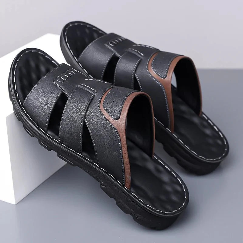 Men's handmade leather half-drag slippers by TrendLux Wear, lightweight outdoor slides in EU size range 38-58, shown in image.