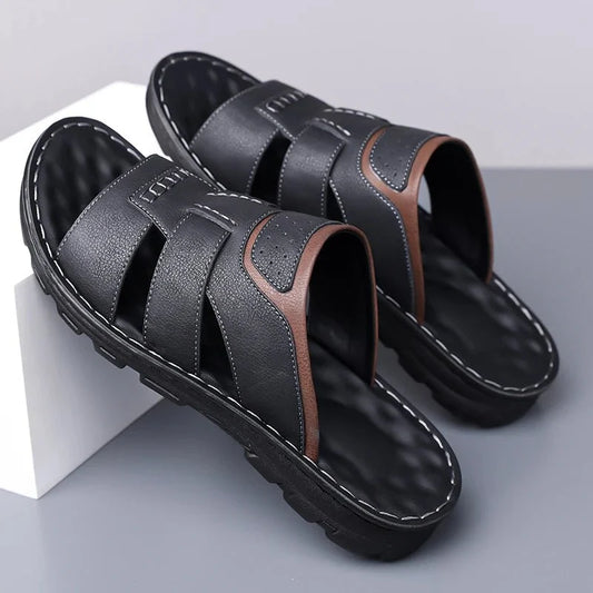 Men's handmade leather half-drag slippers by TrendLux Wear, lightweight outdoor slides in EU size range 38-58, shown in image.