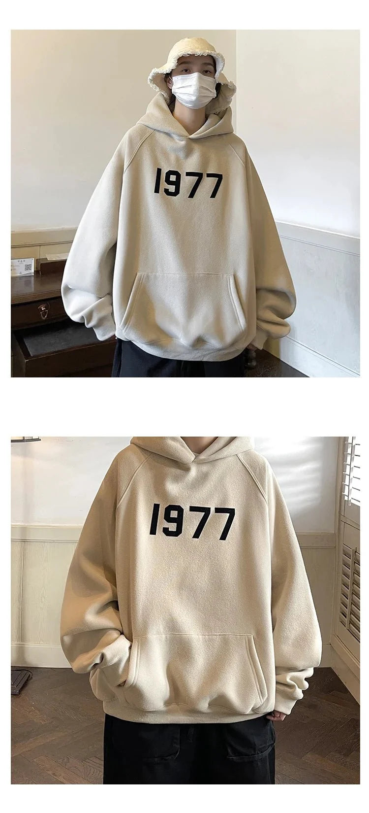 Men's TrendLux Wear 1977 printed Harajuku hoodie with loose fit long sleeves, featuring bold graphic design and comfortable fabric.
