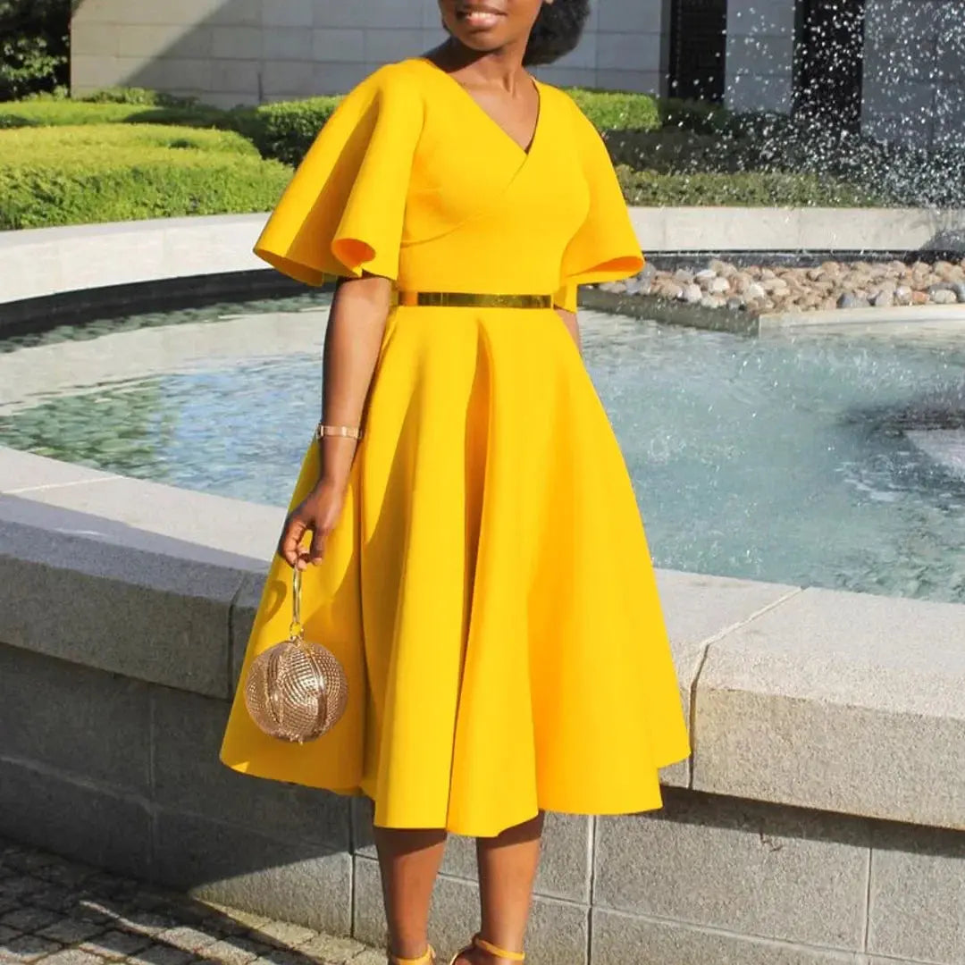 TrenLux Wear Women's Polyester High Waist Flare Sleeve Pleated A-Line Midi Dress The Glow Sanctuary