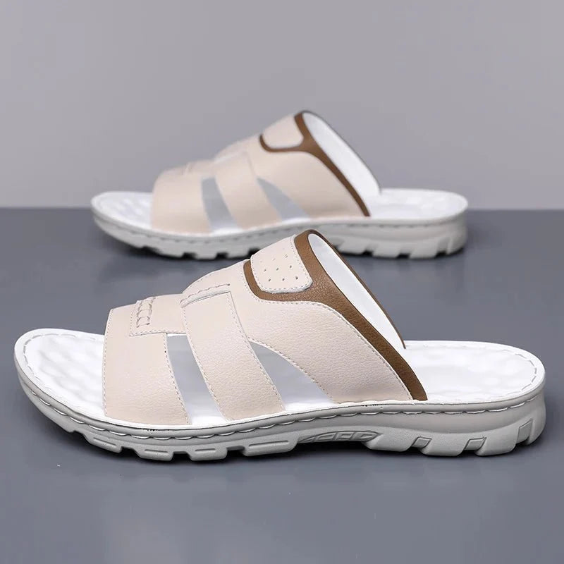 Men's handmade leather half-drag slippers by TrendLux Wear, lightweight outdoor slides in EU sizes 38-58, with soft leather straps.
