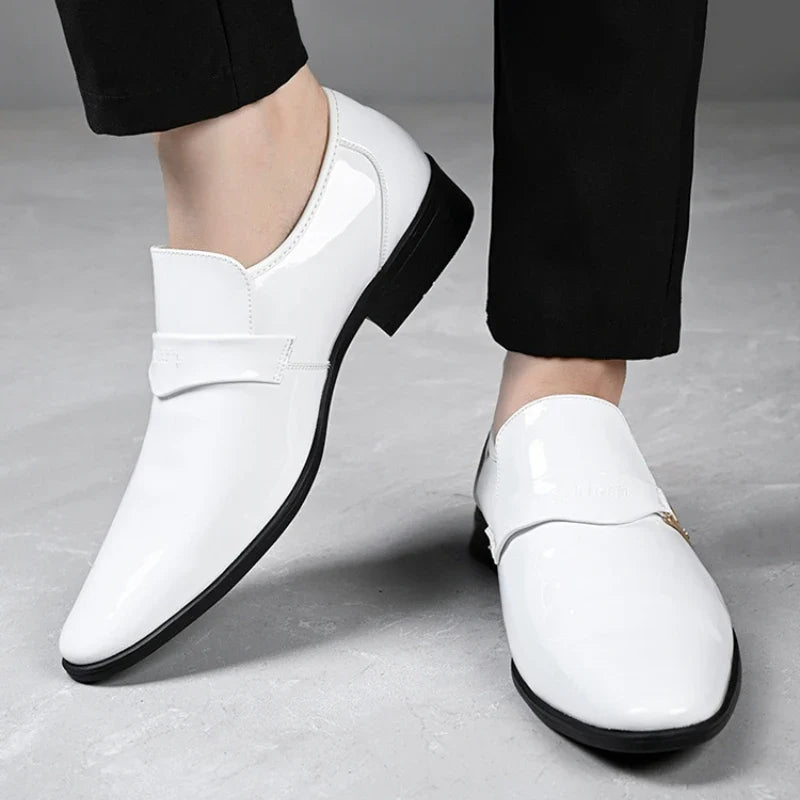 Men's black patent leather pointed toe loafers by TrendLux Wear, slip-on dress shoes for business casual and formal occasions.