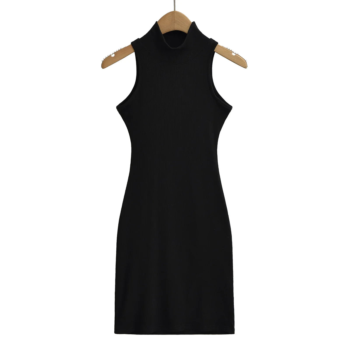 Women's knit turtleneck bodycon ankle-length maxi dress by The Glow Sanctuary, shown in a close-up of the fitted, ribbed fabric.