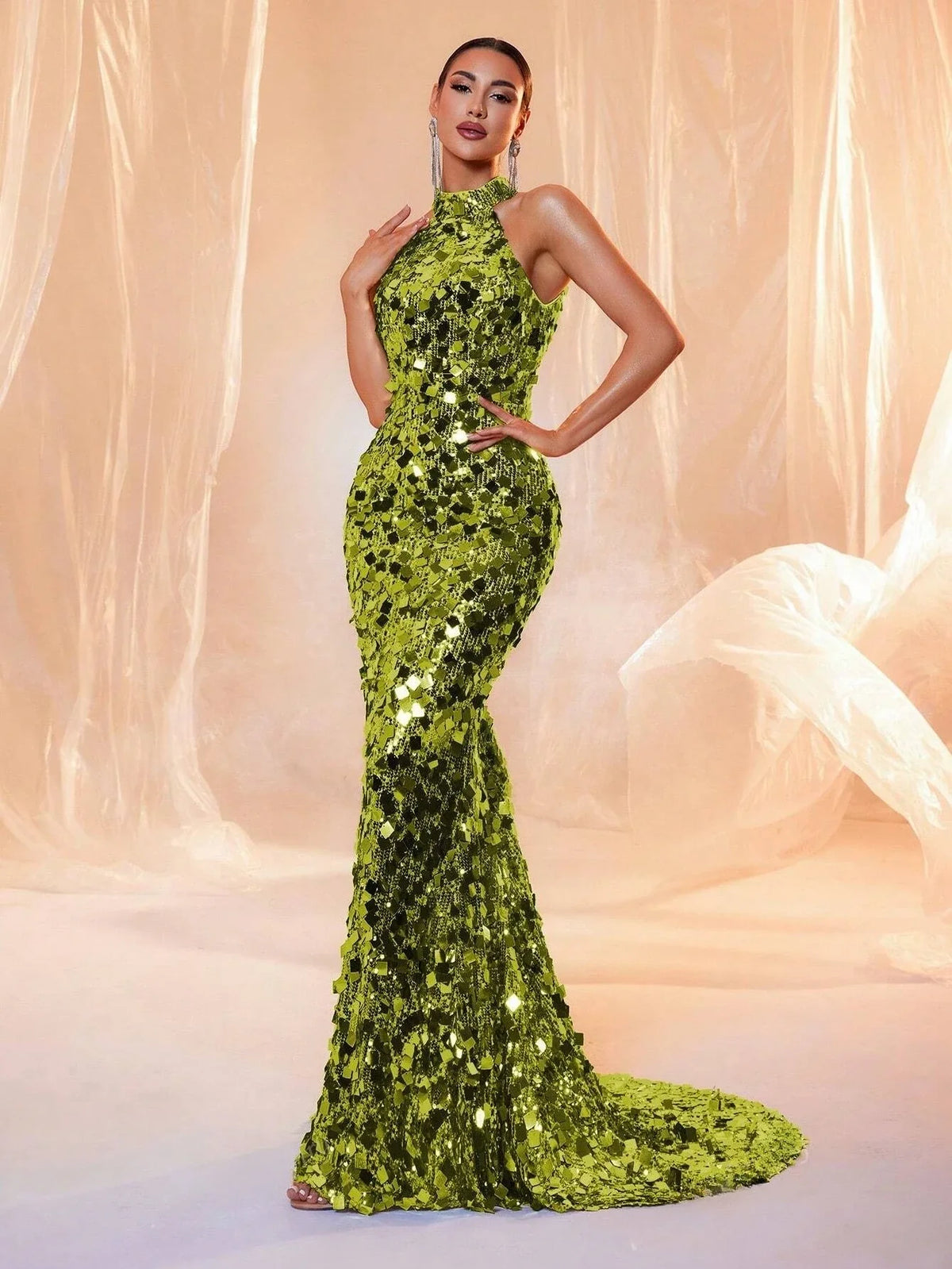 Brown Sequin Halter Backless Maxi Evening Dress - TrendLux Wear