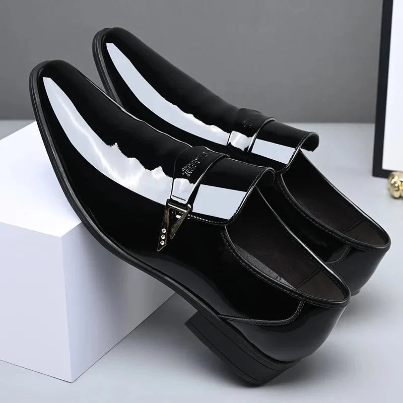 Men's TrendLux Wear patent leather pointed toe loafers, slip-on dress shoes for business casual and formal occasions.