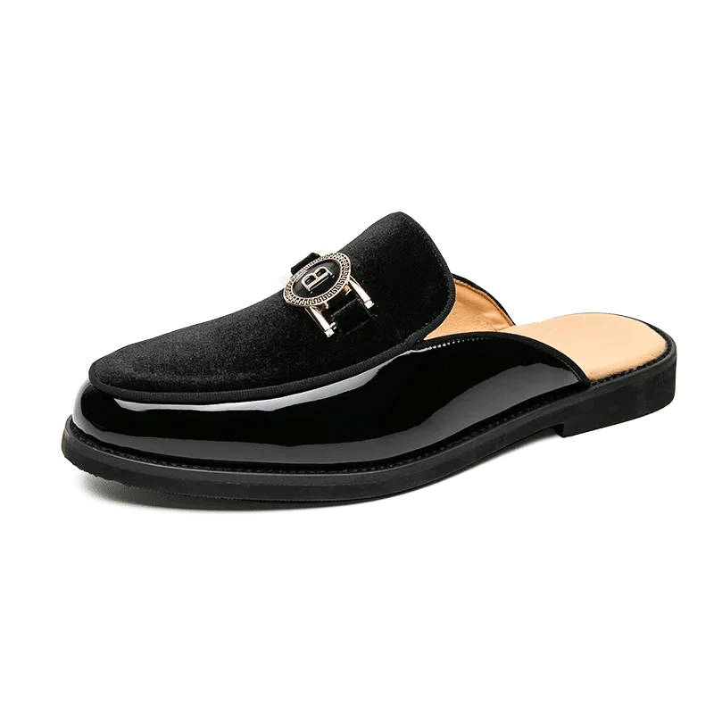 Men's black faux suede slip-on mules by TrendLux Wear, breathable summer casual loafers in EU sizes 35 to 47.