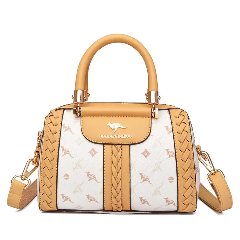 Semi-woven shoulder bag with beige and white color, featuring a kangaroo pattern and braided side details.
