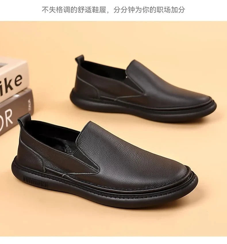 Men's genuine leather casual loafers by TrendLux Wear, breathable slip-on flat shoes in solid color with a sleek design.
