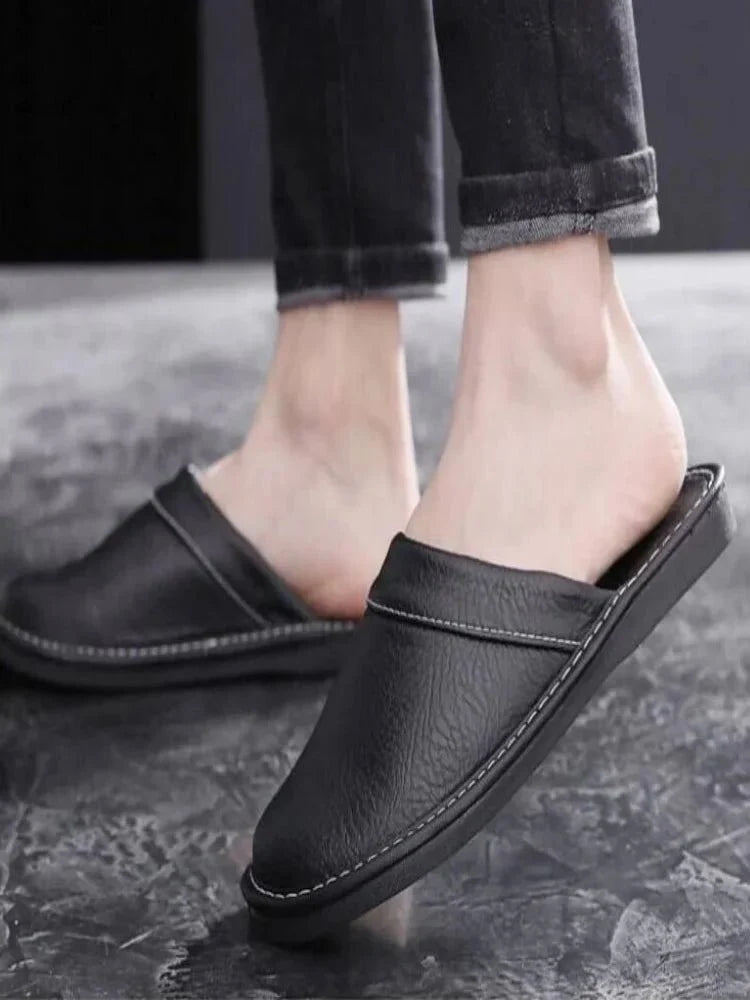 Unisex leather indoor slippers from TrendLux Wear with non-slip soles, available in EU sizes 35-46, designed for comfortable home wear.