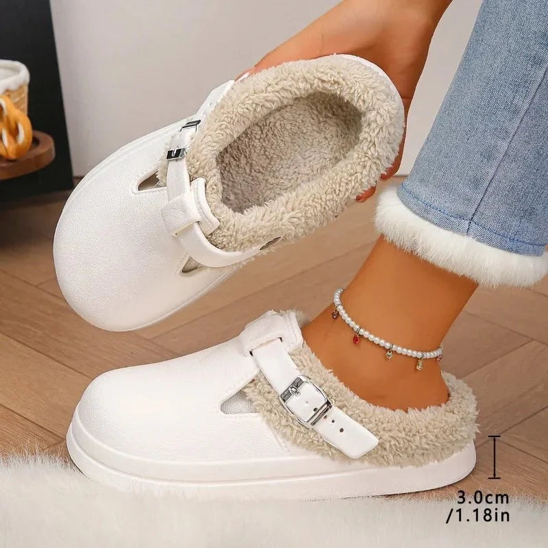 Women's waterproof furry mule slippers by TrendLux Wear with plush lining, metal buckle, and non-slip EVA indoor sole.