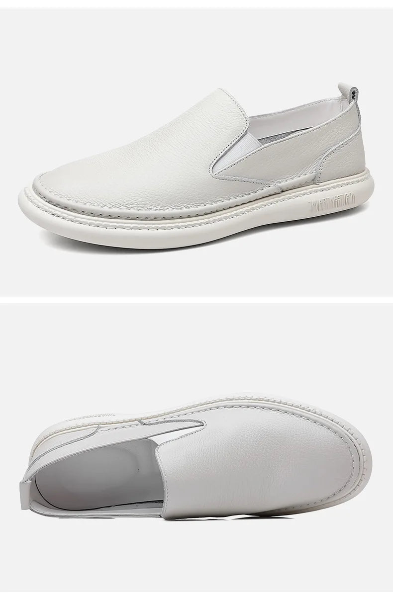 Men's genuine leather casual loafers by TrendLux Wear, breathable slip-on flat shoes in a solid color, perfect for everyday wear.