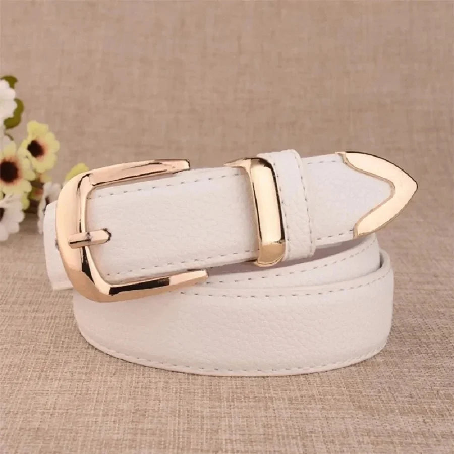 Women's vintage pin buckle belt made of PU leather by TrendLux Wear, featuring a classic trouser belt design.