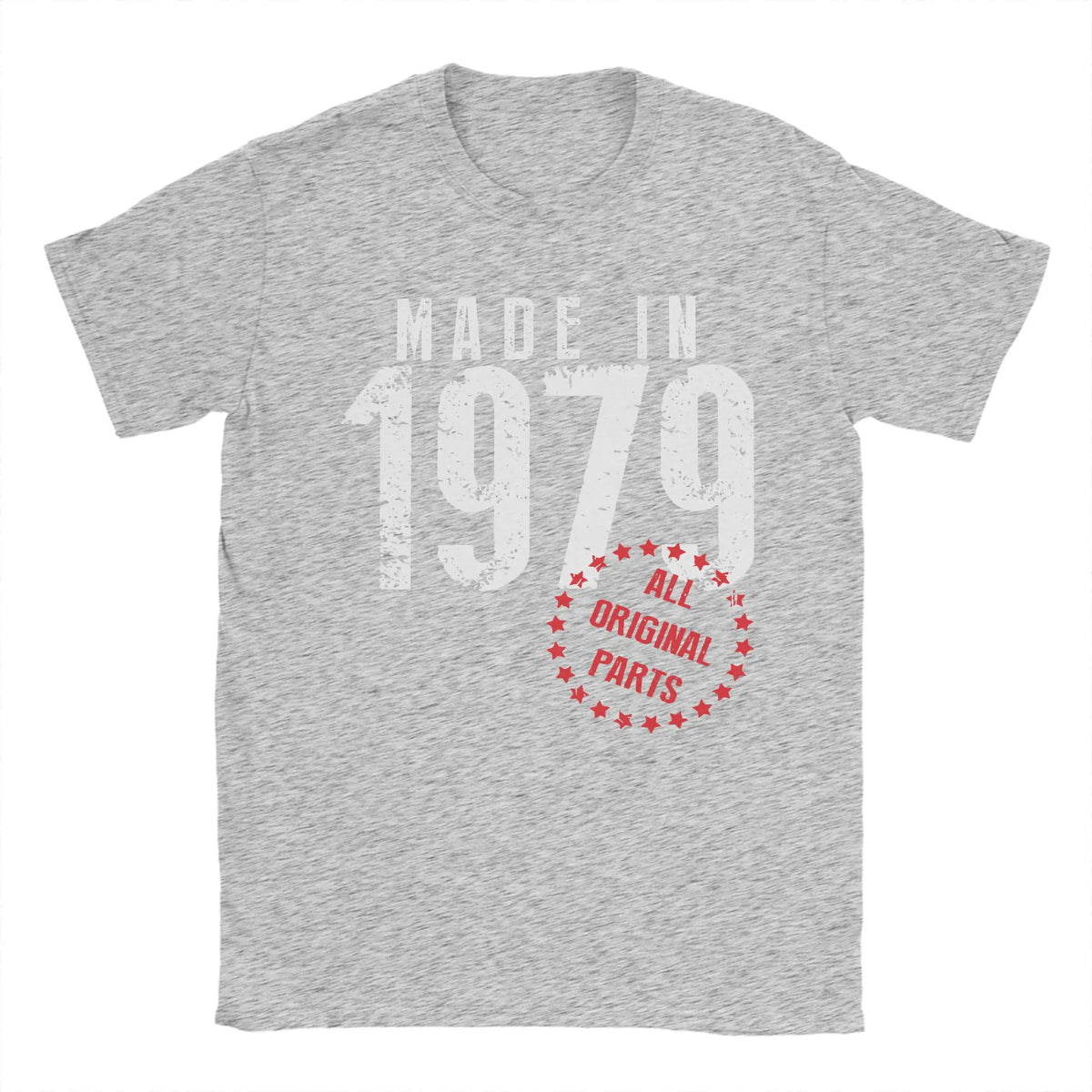 Men's vintage 1979 birthday T-shirt by TrendLux Wear in khaki, burgundy, or army green, featuring classic graphic design.