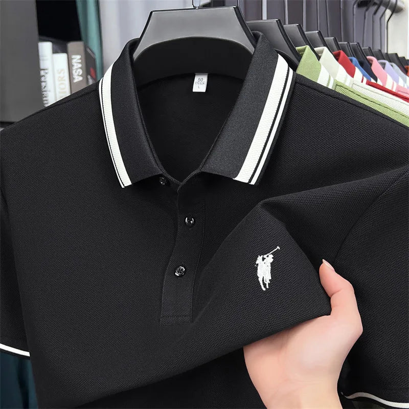 Black short-sleeve polo shirt made of cotton, featuring white striped collar and embroidered pony logo.