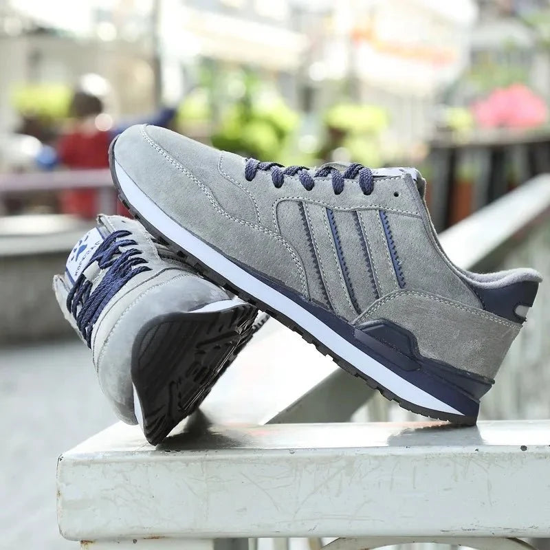 Men's luxury suede running sneakers by TrendLux Wear, breathable anti-odor sport shoes with stylish design and cushioned soles.