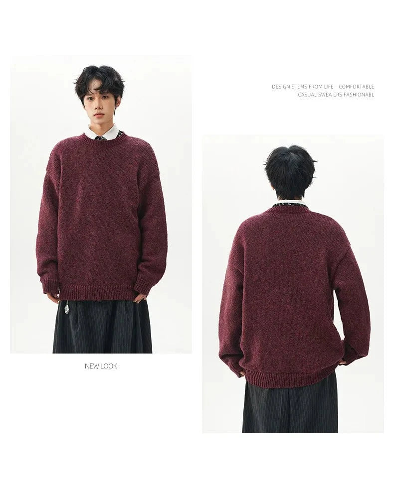 Men's oversized round neck pullover sweater by TrendLux Wear in warm polyester knit, available in three colors, shown in the image.