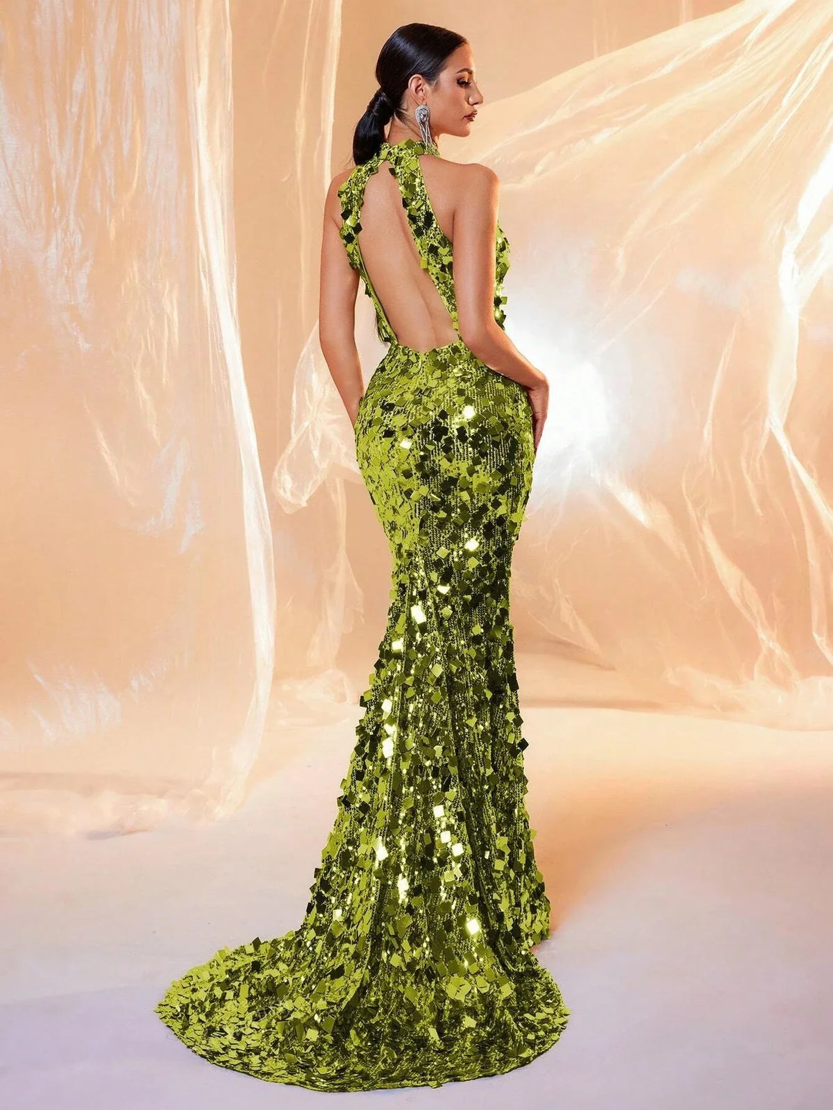 Brown Sequin Halter Backless Maxi Evening Dress - TrendLux Wear