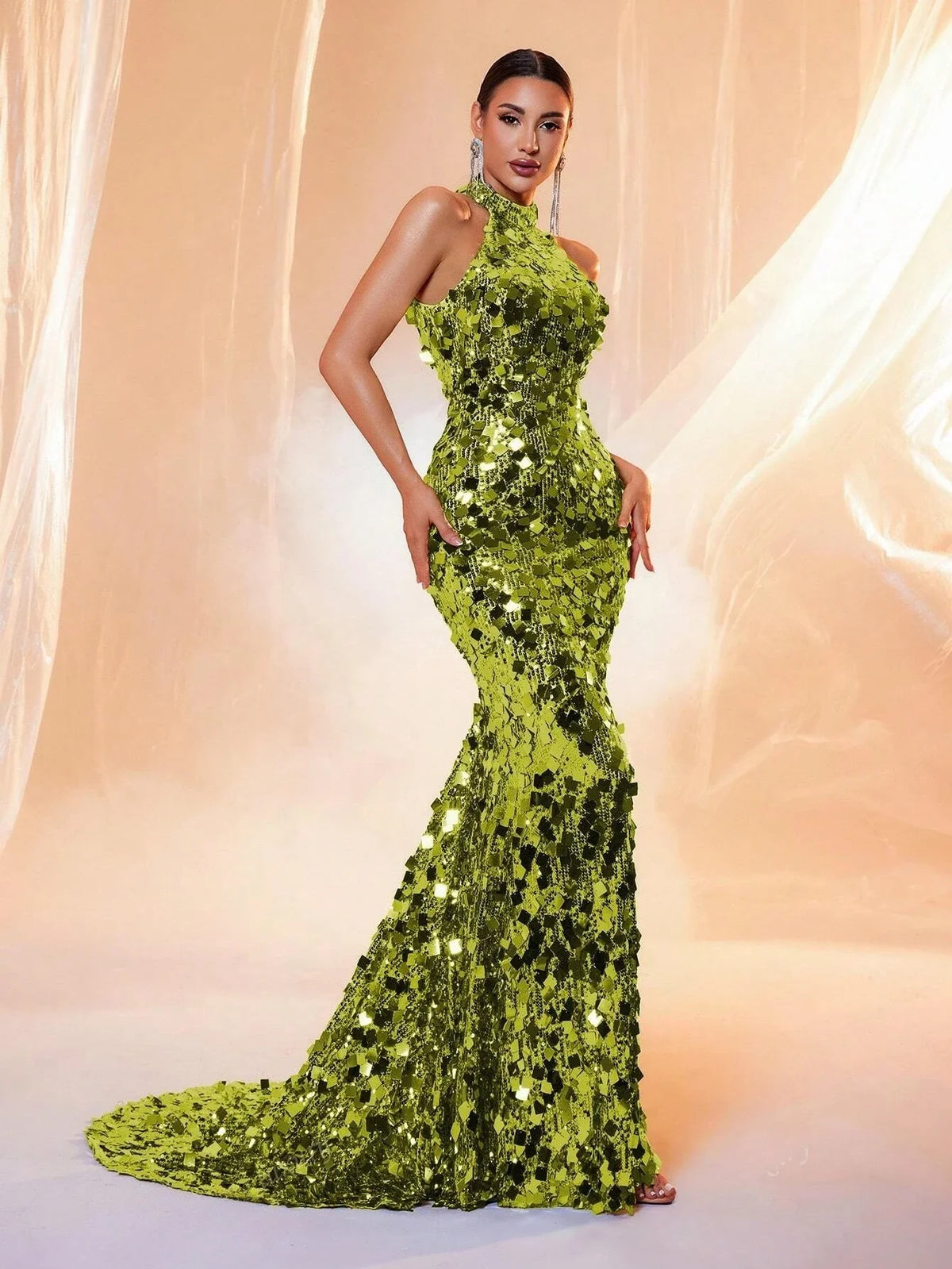 Brown Sequin Halter Backless Maxi Evening Dress - TrendLux Wear
