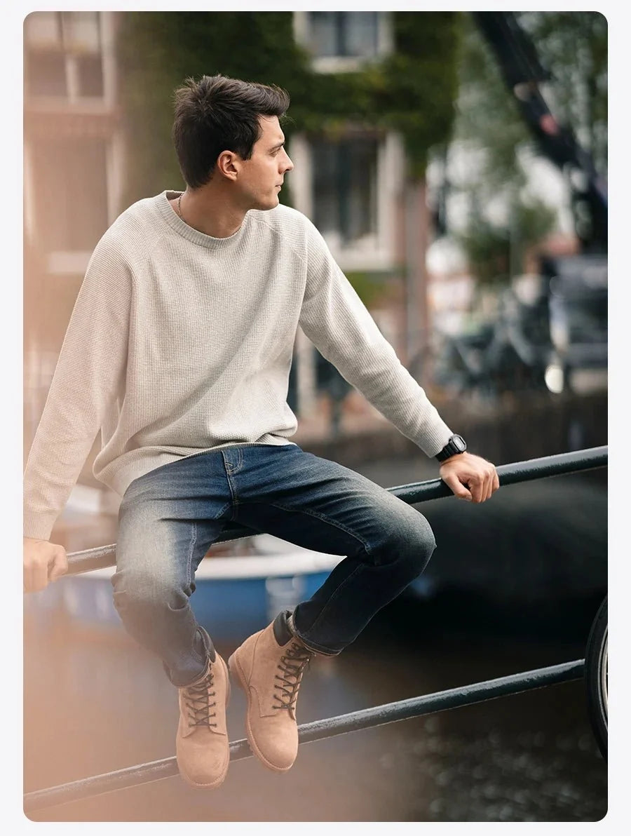 Men's oversized waffle-knit crewneck sweater by TrendLux Wear in Heather Denim Blue, casual pullover with textured knit pattern.