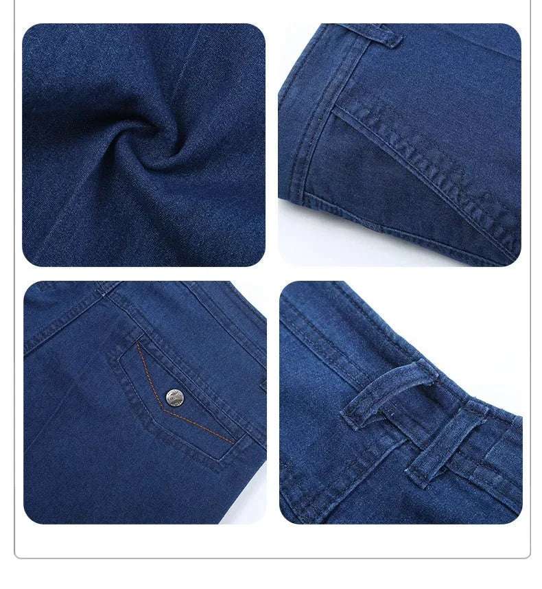 Men's high-waist straight-leg cargo jeans by TrendLux Wear with elastic waist, perfect for spring and summer casual wear.