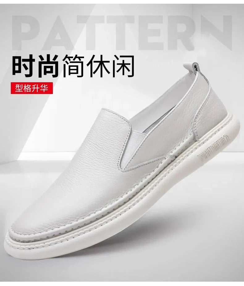 Men's genuine leather casual loafers by TrendLux Wear, breathable slip-on flat shoes in solid color with a comfortable design.