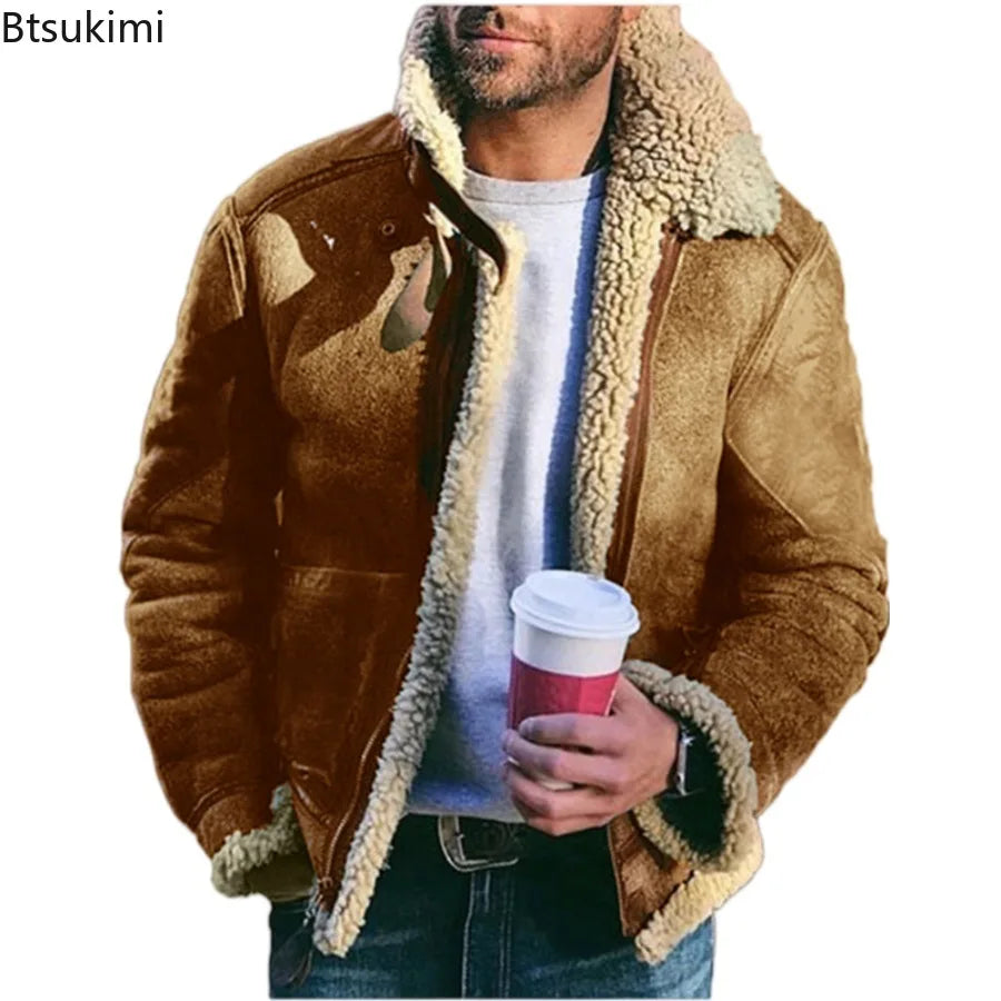 Men's Faux Leather Suede Fur-Lined Winter Jacket – Turn Down Collar Coat