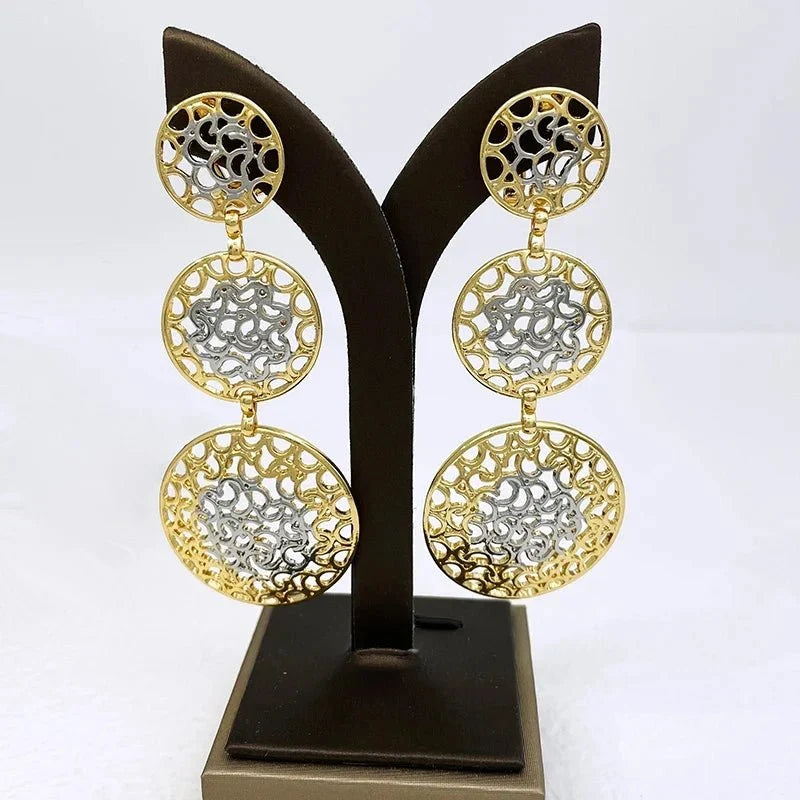 Women's two-tone luxury jewelry set by TrendLux Wear, featuring matching necklace and earrings with elegant gold and silver accents.