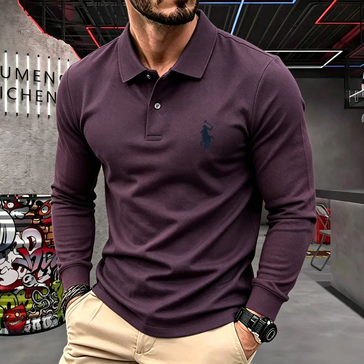 Men's Cotton Long-Sleeve Polo Shirt