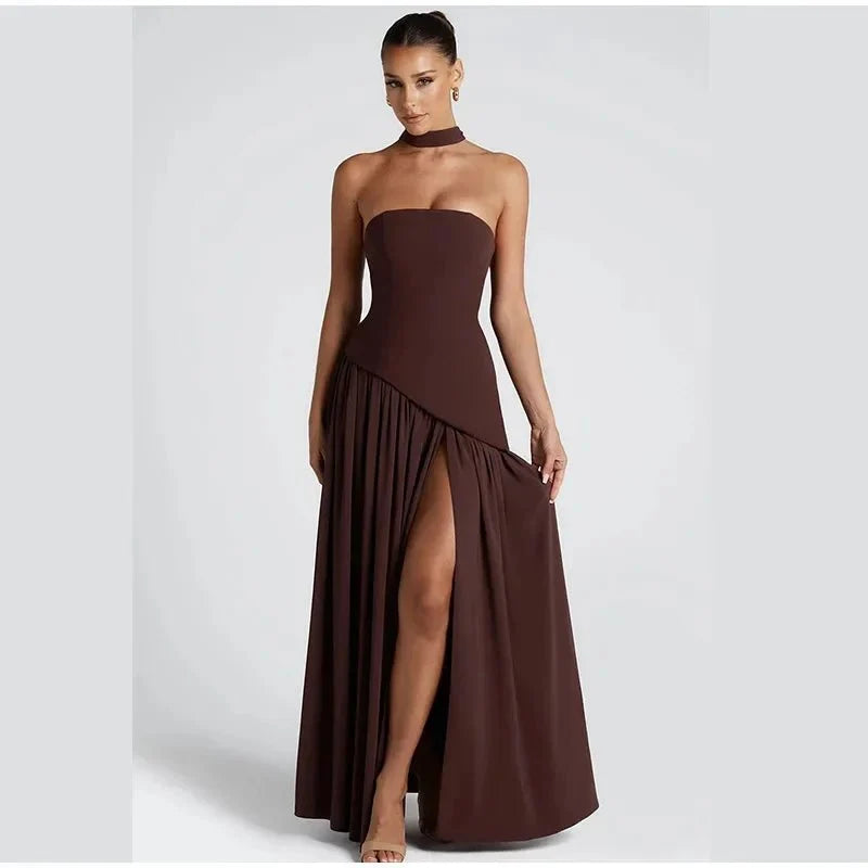 Women's Strapless Backless Maxi Dress with Ribbon Scarf - TrendLux Wear