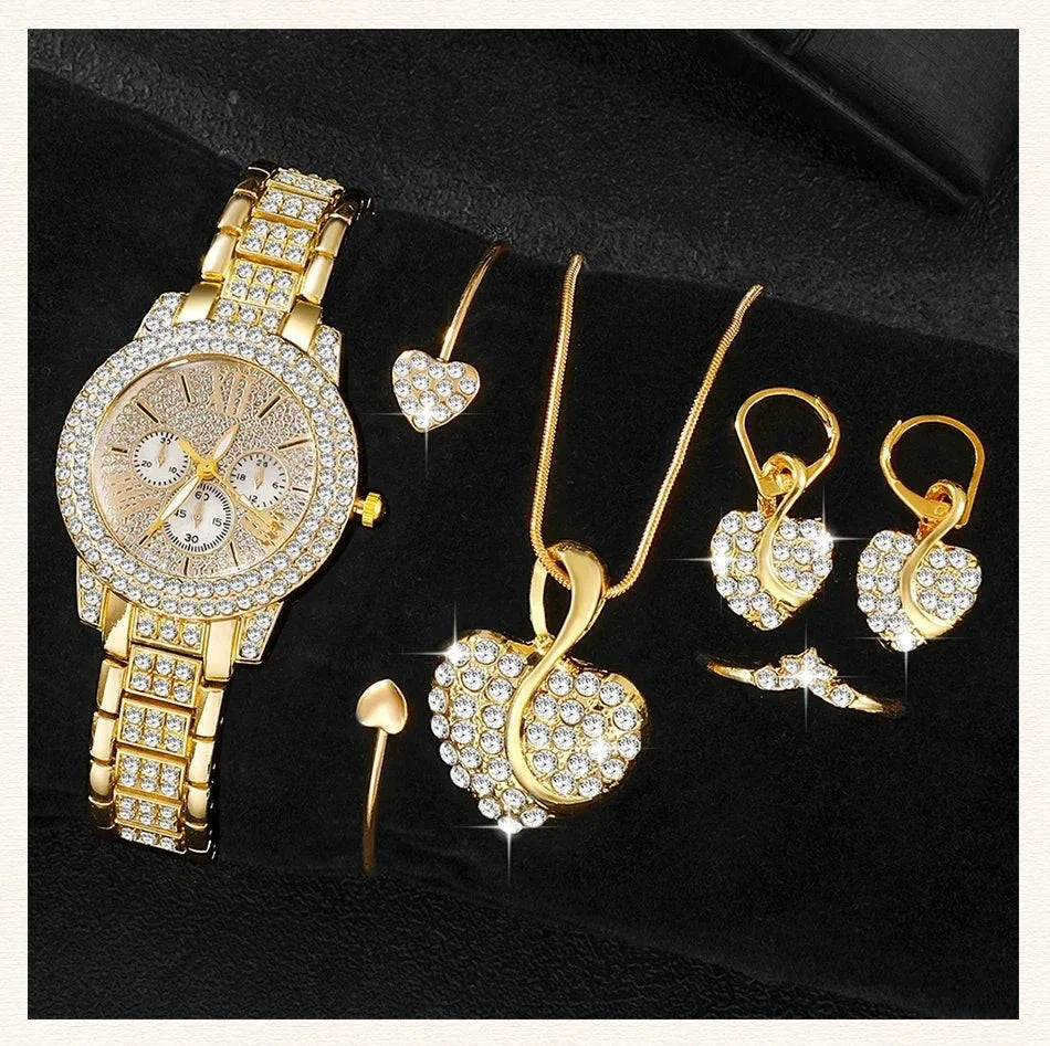 Women's rhinestone quartz watch and jewelry set by TrendLux Wear, featuring a stylish watch with sparkling accents.