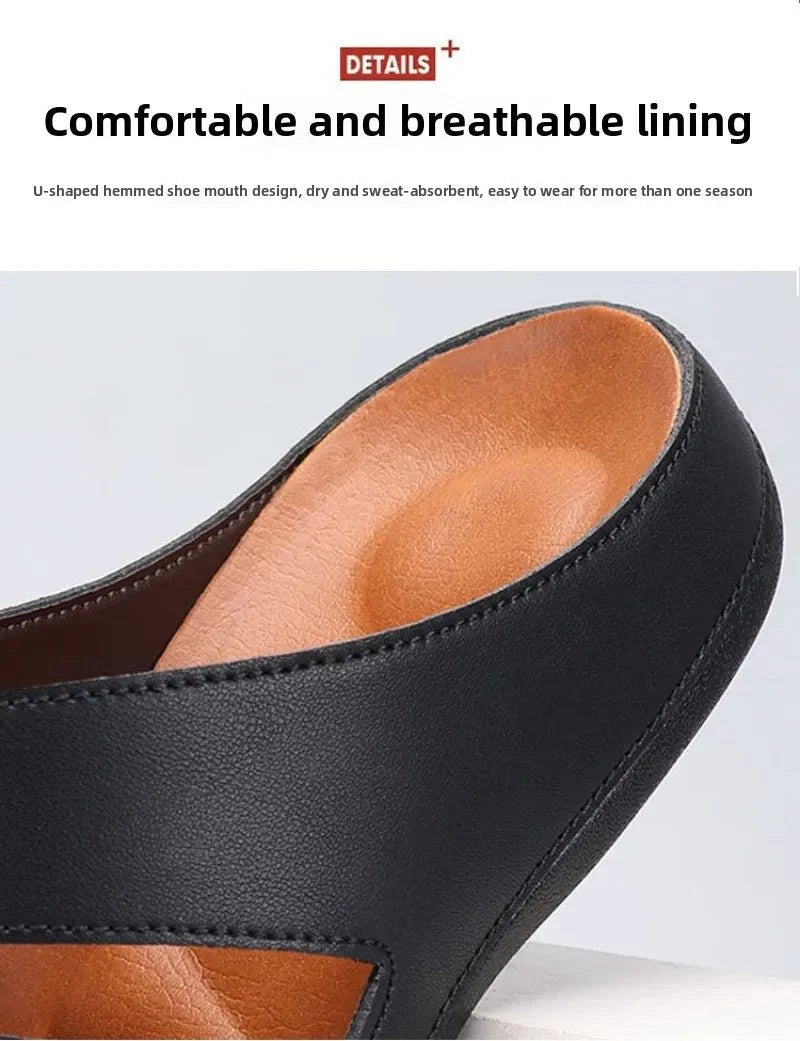 Men's luxury handmade leather peep-toe slippers by TrendLux Wear, casual beach slides in EU sizes 40-46, showing comfortable design