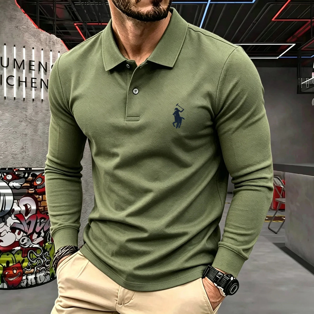 Men's Cotton Long-Sleeve Polo Shirt