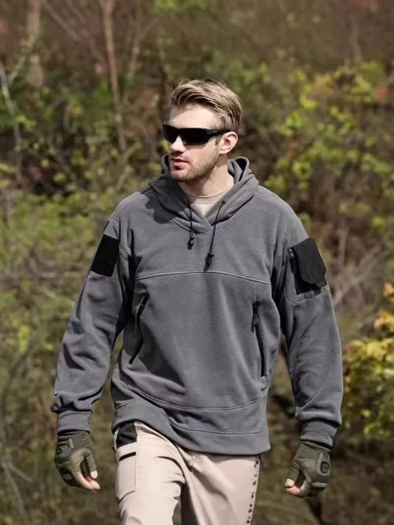 Men's tactical outdoor hoodie by TrendLux Wear with thick fleece, ideal for autumn and winter outdoor sports and activities.