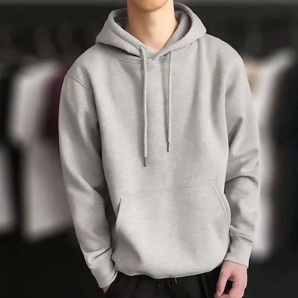 Men's Harajuku hoodie by TrendLux Wear, casual streetwear sweatshirt in multiple colors, showing front view with hood and logo.