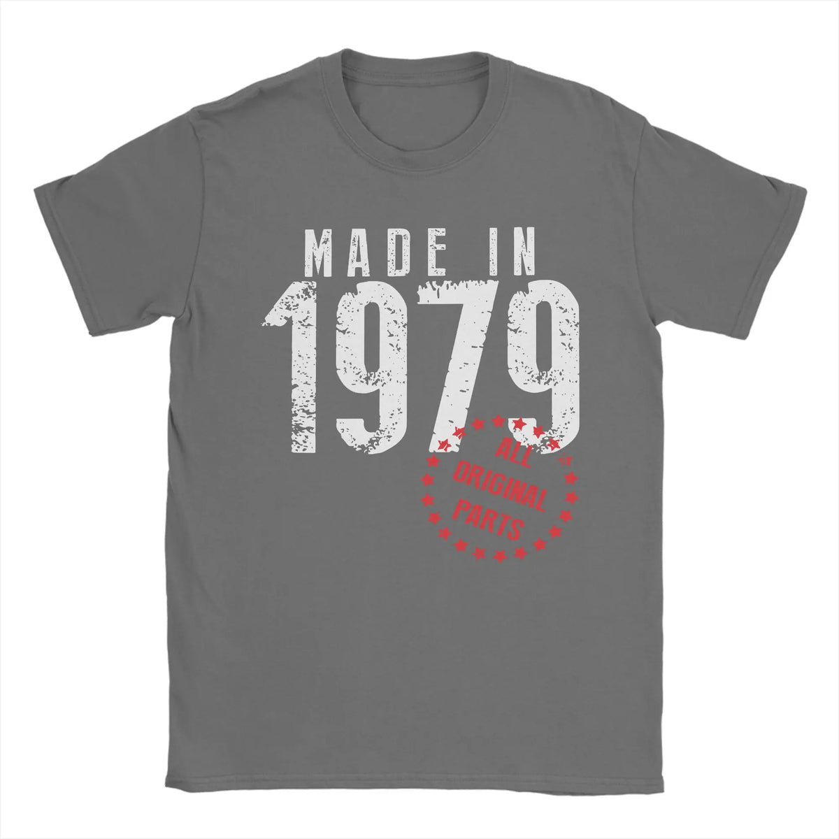 Men's vintage 1979 birthday T-shirt by TrendLux Wear in khaki, burgundy, and army green, featuring a graphic design on 100% cotton tee.