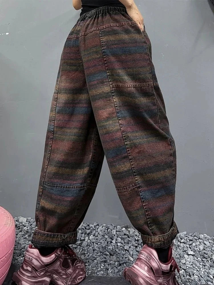 Women's Korean style striped harem jeans with loose elastic waist, denim trousers from TrendLux Wear, one size, casual and comfortable fit.