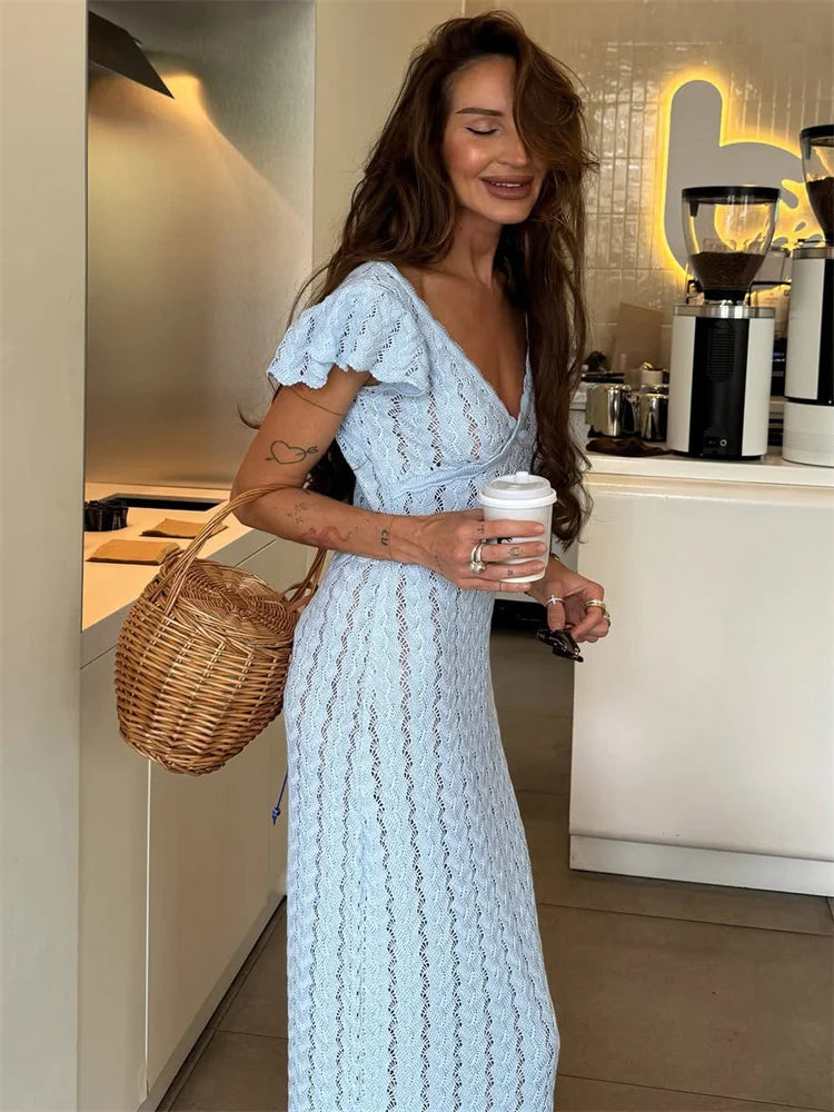 Ruffled V-Neck Hollow-Out Knit Maxi Dress