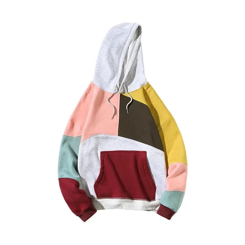 Men's patchwork velvet hoodie by TrendLux Wear featuring a loose fit punk hip-hop style streetwear design.